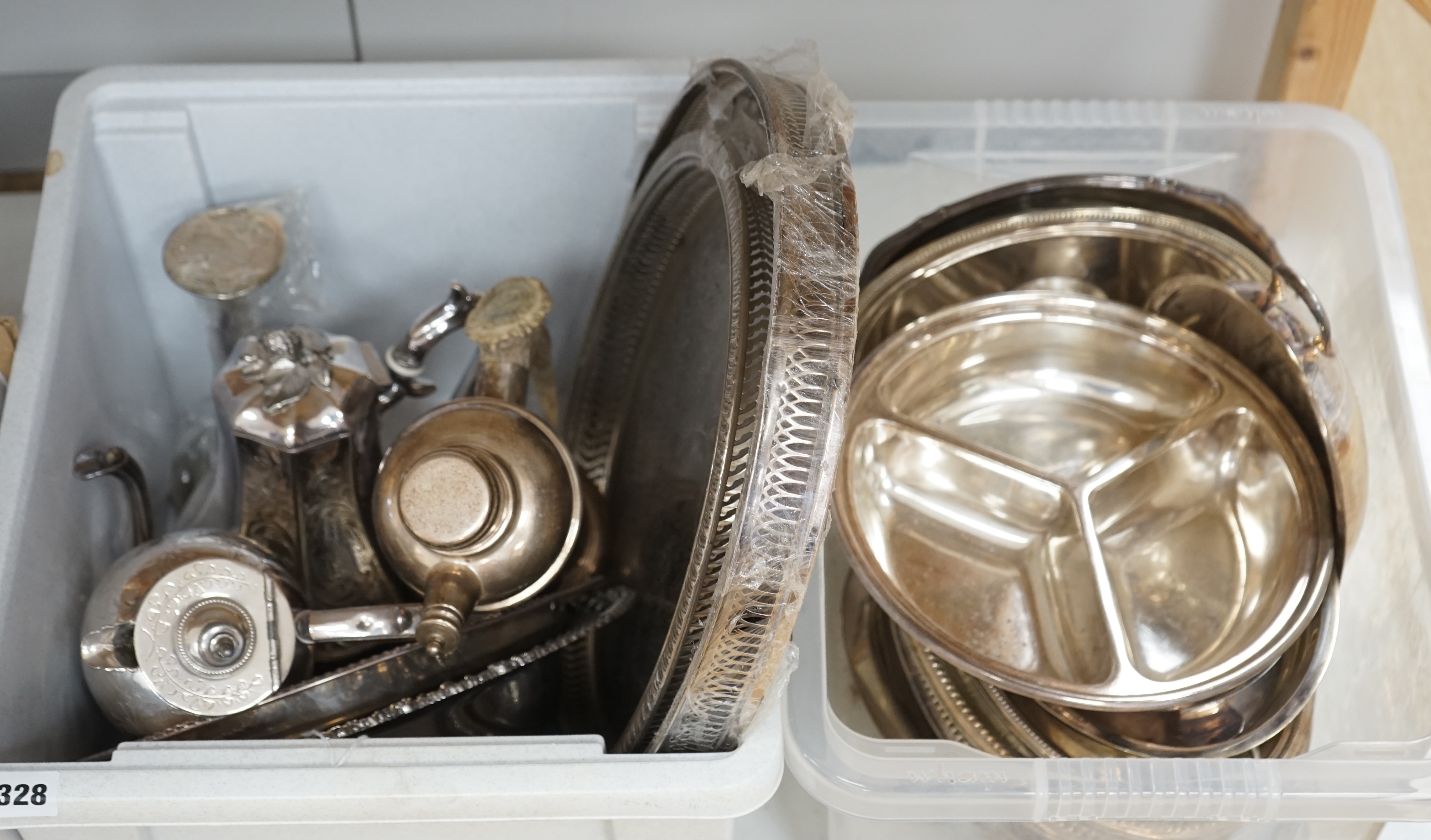 A quantity of silver plate to include vintage cocktail shaker with antler handle, trays, dishes etc. Condition - fair